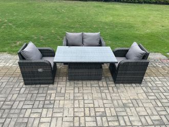 Fimous Wicker PE Rattan Furniture Garden Dining Set Outdoor Patio Height Adjustable Rising lifting Table Love Sofa With Reclining Chair in Dark Grey