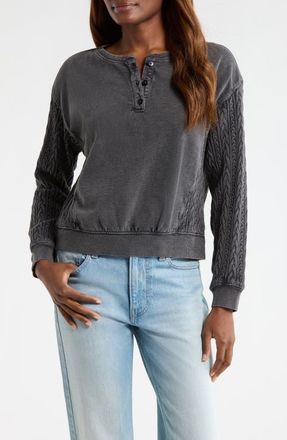 Lucky Brand Cable Stitch Sleeve Henley Top in Raven at Nordstrom, Size Xx-Large