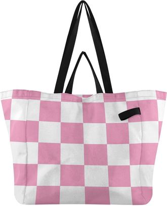 Generic Pink Checkerboard pattern Reusable Canvas Tote Bag, Heavy Duty Grocery Shopping Bag with Hard Bottom Double Handles Large Capacity Work Groceries Trav