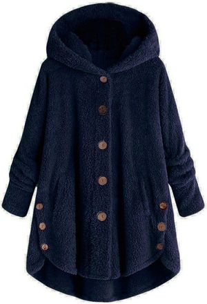 Generic Plus Size Fleece Bed Jacket for Women Soft Fuzzy Button Hooded Lightweight Winter Lounge Coat Outerwear (Navy blue,L)