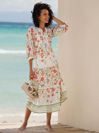 Heine Druckkleid HEINE Druck-Kleid, Damen, Gr. 34, Normalgr&ouml;ssen, champagner, schilf, bedruckt, 100% Baumwolle, Unterkleid:100% Viskose, bedruckt, gebl&uuml;mt, 