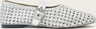 AllSaints Sabine - Ballerine in pelle intrecciata color argento con cinturino con fibbia dorata