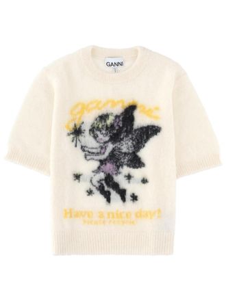 Ganni White Graphic Crew Neck Sweater