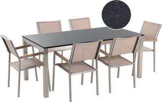 Beliani Conjunto De Comedor De Jard&iacute;n Beige Con Mesa 180 X 90 Cm De Granito Negro 6 Sillas De Rat&aacute;n Grosseto