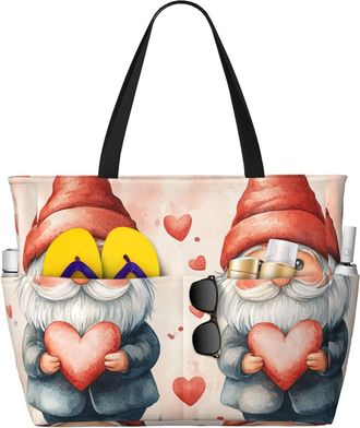 Generic Valentines Gnomes Print Large Beach Bag Foldable Travel Shoulder Tote Bag With Pocket For Weekender Pool Vacation