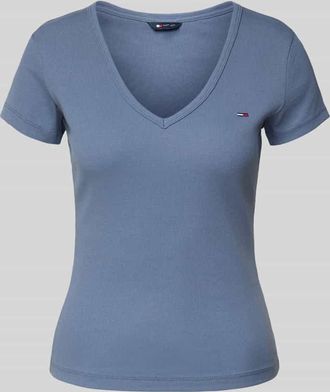 Tommy Jeans Slim Fit T-Shirt mit V-Ausschnitt in Rauchblau, Größe XS