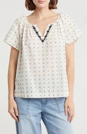 Lucky Brand Embroidered Split Neck Top in Cream Clipdot at Nordstrom Rack, Size X-Large