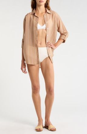 Elan Stripe Button-Up Cover-Up Shirt in Tan at Nordstrom, Size X-Small