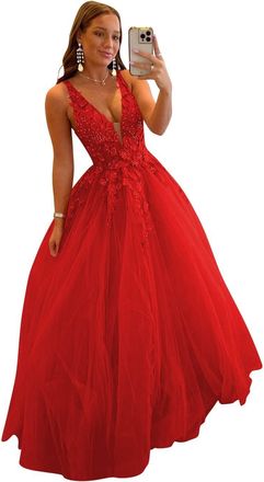 Generic Sweet Tulle Princess Prom Dresses Deep V-Neck Backless Ball Gowns Long Lace Applique Quinceanera Dress for Teens Red