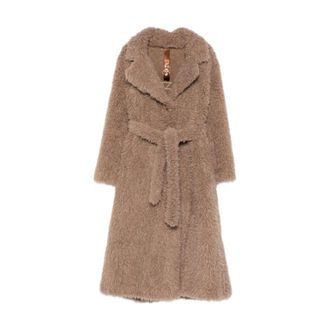 Glox Belted Coats, female, Brown, Size: XS Brown Textured Outerwear with Notched Lapels