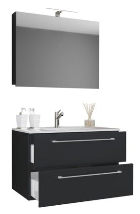 ebuy24 Ebuy24 - Vcm 3 Pcs Lavabo Lavabo Inferior Gabinete Ancho 60 Cm Juego De Muebles De Ba&ntilde;o Colgando Con Dos Cajones Espejo Gabinete Badinos (negro)