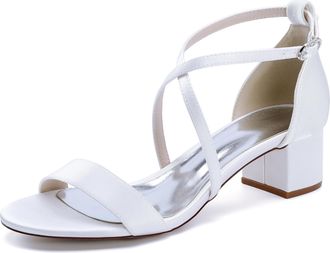 Generic Bridal Chunky Heels Women Wedding Satin Peep Toe Low Heel Sandals Prom Party Dressy Walking Shoes 4.5Cm,White,2 UK