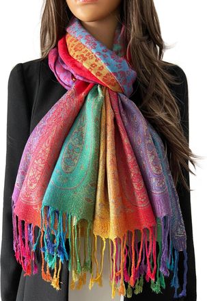The Accessory Co. Large Evening Shawl with Paisley Print, Party Pashmina Rainbow Scarf for Women, Soft Design Made of 50% Viscose and 50% Cotton, Bright Rainbow Colourf