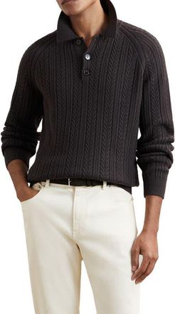 Reiss Evesham Cable Stitch Polo Sweater in Chocolate Brown at Nordstrom, Size Xx-Large