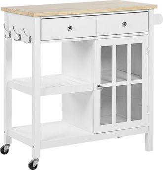 Beliani Carrito De Cocina Mdf Blanco Madera Clara Almacenamiento Superior Estantes Cajones Con Ruedas Estilo Escandinavo Genoa