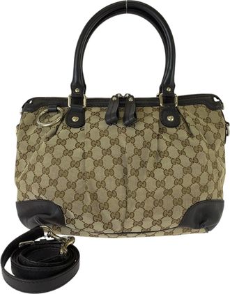Gucci Gg Canvas Beige Brown Gg Canvas Leather Shoulder Bag Tote Bag (Pre-Owned)