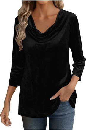 Generic Velvet Top for Women Uk 3/4 Sleeve Drape Ruched Front Blouses Cowl Neck T Shirts Ladies Casual Slim Fit Sweatshirts Baggy Dressy Tunic Tops Lightweigh