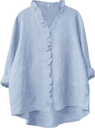 Generic Longline Button Down Shirts for Women UK Lightweight Oversized Linen Cotton Blouse with Pocket Baggy Loose Long Sleeve Tunic Tops Extra Length Solid C