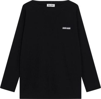 Miu Miu Wol trui met logo - Dames - Ronde hals truien - Zwart - M - Wol - Truien & Vesten