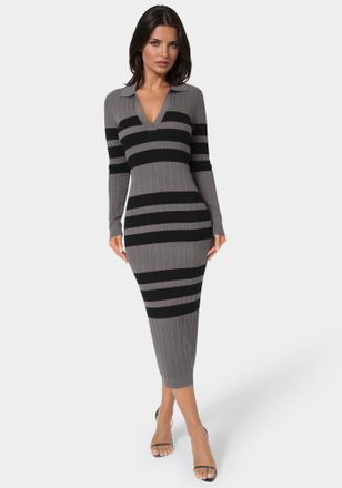 Bebe Long Sleeve Collar Striped Knit Dress