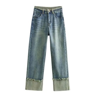 Generic Spring Fashion All-Match Raw Edge Design Turned-up Straight-Leg Nine-Point Jeans - Nostalgic Blue - S