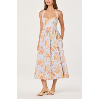 ASTR the Label Beryl Floral Cotton & Linen Midi Dress in Blue Garden Floral at Nordstrom, Size X-Small