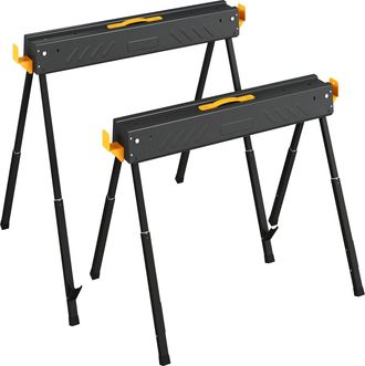 HOMCOM Homcom Set De 2 Caballetes Para Sierra Plegables, Banco De Trabajo, Altura Ajustable, Para Madera 2x4, Con Asa, Ganchos, Antideslizante, 500 Kg, Negro