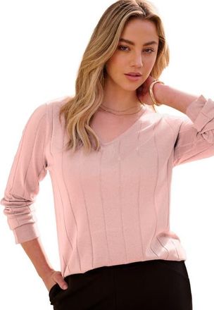 Roaman's Plus Size Drop Needle V Neck Lightweight Sweater Knit in Soft Blush at Nordstrom, Size Medium