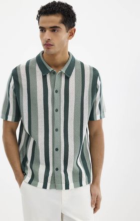 Le 31 Mens Striped pointelle-knit polo-collar Cardigan Sweater