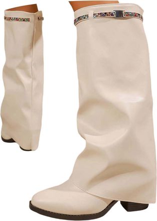 Generic Wide Fit Boots For Women uk Womens Pointed Toe Platform Heel Long Shaft Knee High Winter Slouchy Wide Shaft Warm Leather Fashion Comfort Dressy