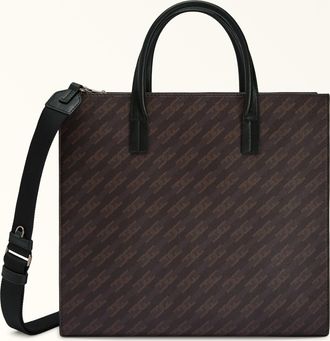 Furla Man Sirio Borsa Shopping Toni Caffe Marrone Tessuto Rivestito Con Stampa Arco Catena + Pelle Di Vitello Morbida Uomo