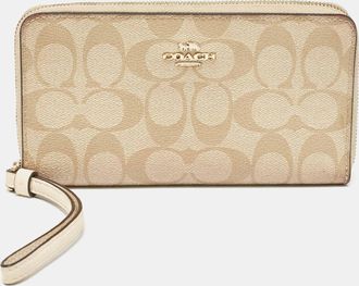 Coach Beige Siganture Coated Canvas And Leather Zip Around Wristlet Wallet