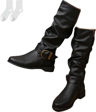 Generic Womens Knee-High Boots with Buckle, Riding Boots in A Leather Look with A Low Heel And Side Zipper, Long Slouch Boots for Everyday Wear, Leisure, Autu