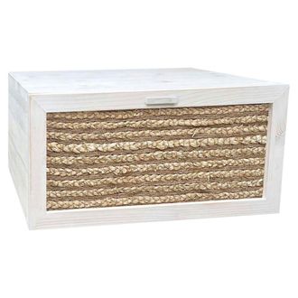 NATYAL Mesita de noche suspendida madera blanco envejecido caj&oacute;n de yute 40cm