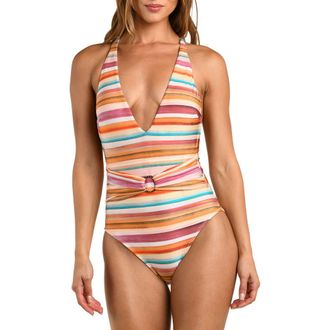 L'agence Lisa Watercolor Stripe Racerback One-Piece Swimsuit in Pink Multi at Nordstrom, Size X-Small