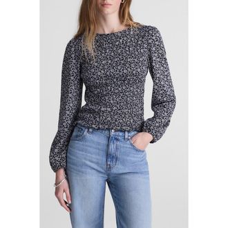 Madewell Smocked Boat Neck Long Sleeve Cotton Blend Top in Classic Navy at Nordstrom, Size Xx-Large
