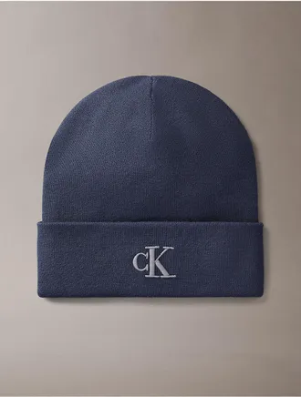 Calvin Klein Mens Monogram Embroidery Fine Rib Beanie - Blue