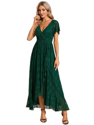 Ever-pretty Womens A Line Empire Waist V Neck Lace High-Low Elegant Evening Dresses Dark Green 28UK