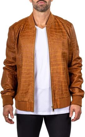 Maceoo Marthyr Croc Embossed Leather Bomber Jacket in Brown at Nordstrom, Size Xx-Large