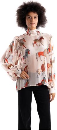5 Progress Zijden Blouse met Paardenprint - Dames - Blouses - Beige - M - Overhemden