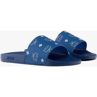 MCM Mens Monogram Print Rubber Slides in Blue at Nordstrom, Size 46