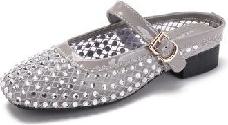 Generic Womens Fashion Rhinestone Mesh Mules Sandals Slip On Backless Casual Breathable Versatile Mary Jane Shoes (7.5,Grey)