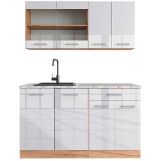 Vicco Cucina monoblocco R-Line, Bianco lucido/oro power oak, 140 cm, pl Marmo