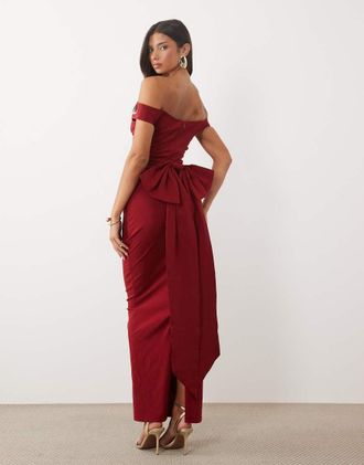 Tfnc vestito maxi bardot in bengalina con fiocco sul retro rosso scuro