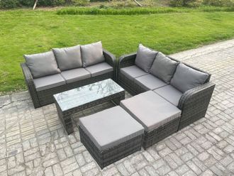 Fimous Outdoor Lounge Sofa Set Rattan Garden Furniture Set with Rectangular Coffee Table 2 Big Footstool Dark Grey Mixed
