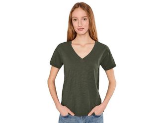 Mod-o-doc Short Sleeve V-Neck Boxy T-Shirts Womens Clothing Elm Green : LG (US 12-14), Cotton