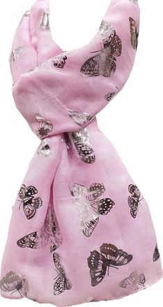 World of Shawls New Butterfly Print Ladies Celebrity Style Scarves Maxi, Scarf, Wrap, Sarong, shawls (Baby Pink With Silver Foil Butterfly)