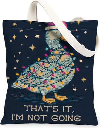 Generic Fanciful Duck Canvas Tote Bags, Festive Animal Design Reusable Bags, Winter Vintage Lightweight Washable Shoulder Strap Can, Navy, 13x15 Inch
