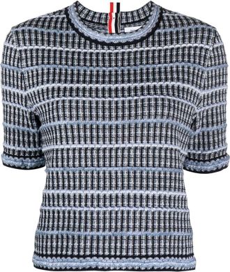 Thom Browne crew-neck tweed top - women - Wool/Cashmere/Polyamide/Linen/Flax/Cotton - 38 - Blue