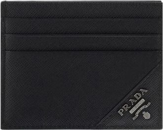 Prada Elegante Leren Kaarthouder Blauw Detail - Heren - Portefeuilles - Zwart - ONE Size - Accessoires